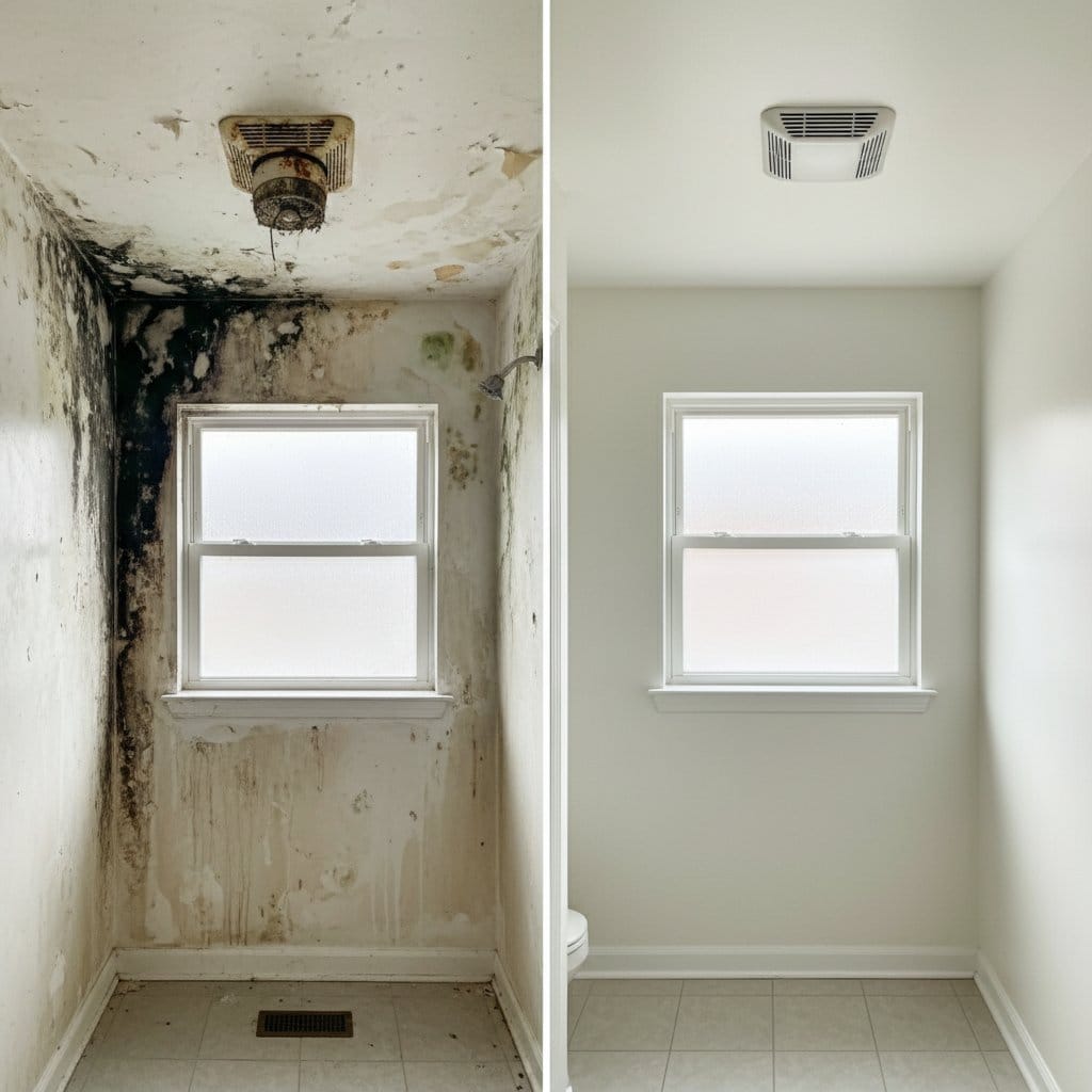 Before and after mold inspection & moisture assessment in Tenafly split-level home bathroom