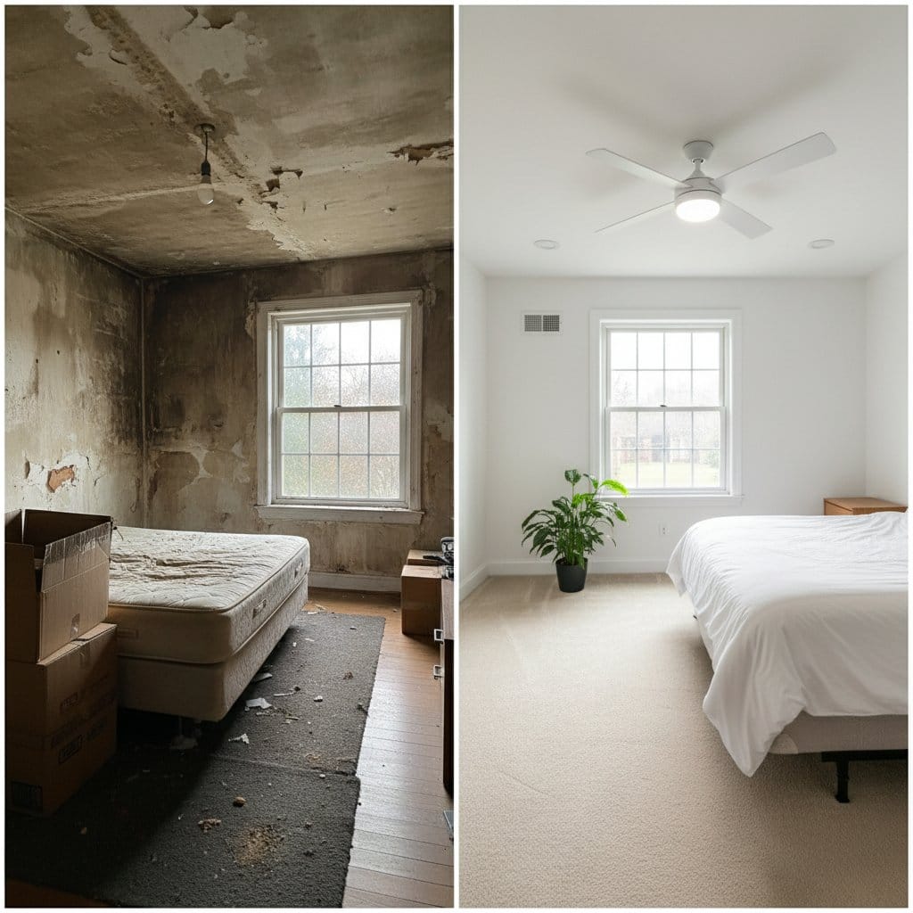 Before and after mold testing & lab reporting in Tenafly two-story residence bedroom