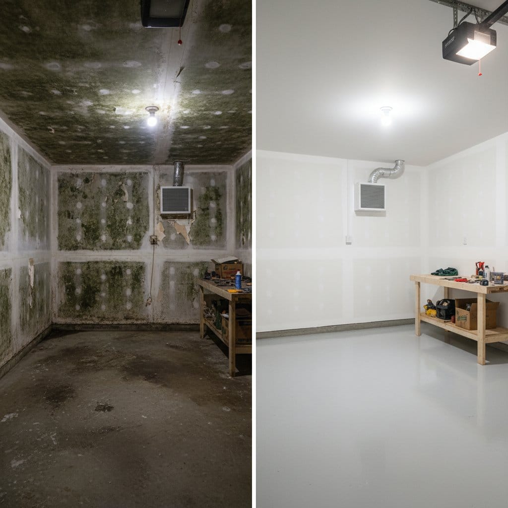 Mold Removal & Remediation before and after in garage, Tenafly NJ