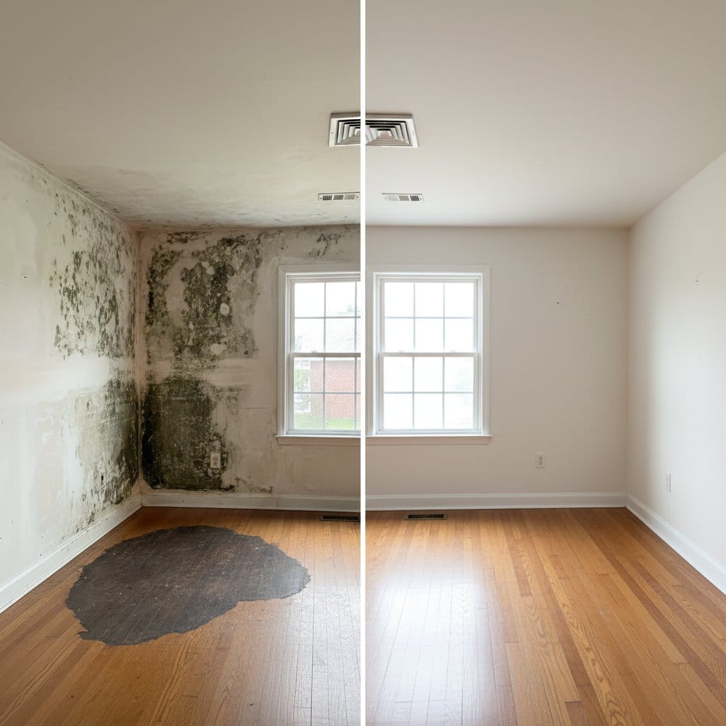 Before and after black mold removal in Tenafly bungalow dining room