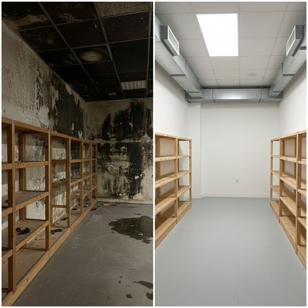 Before and after attic & crawl space mold removal in Tenafly Cape Cod house storefront interior