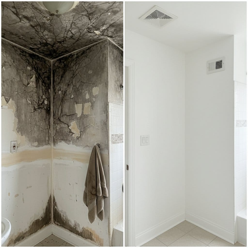 Before and after basement & foundation mold removal in Tenafly private residence bathroom