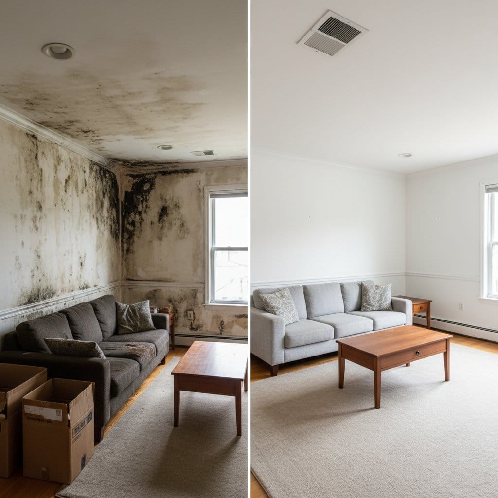 Bathroom & Kitchen Mold Removal before and after in living room, Tenafly NJ