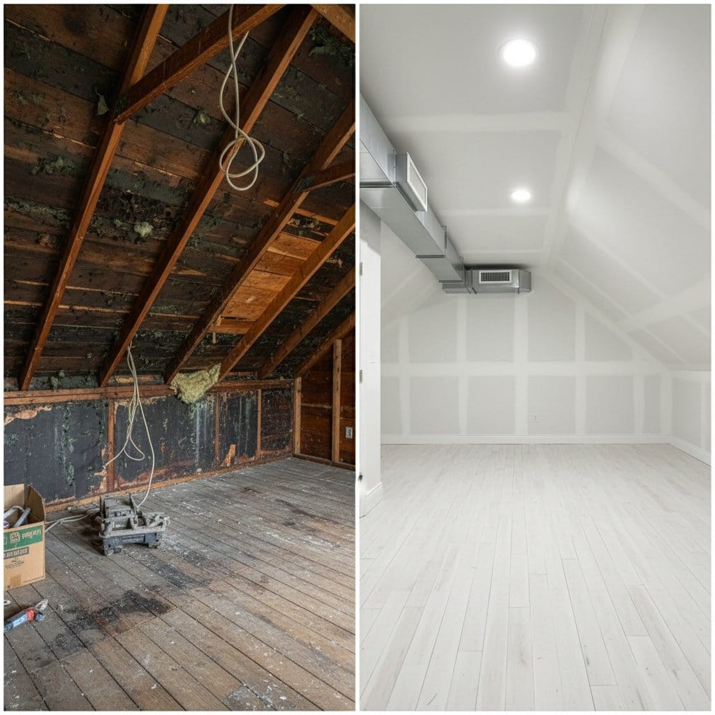 Before and after post-remediation cleaning & clearance in Tenafly single-family home attic space