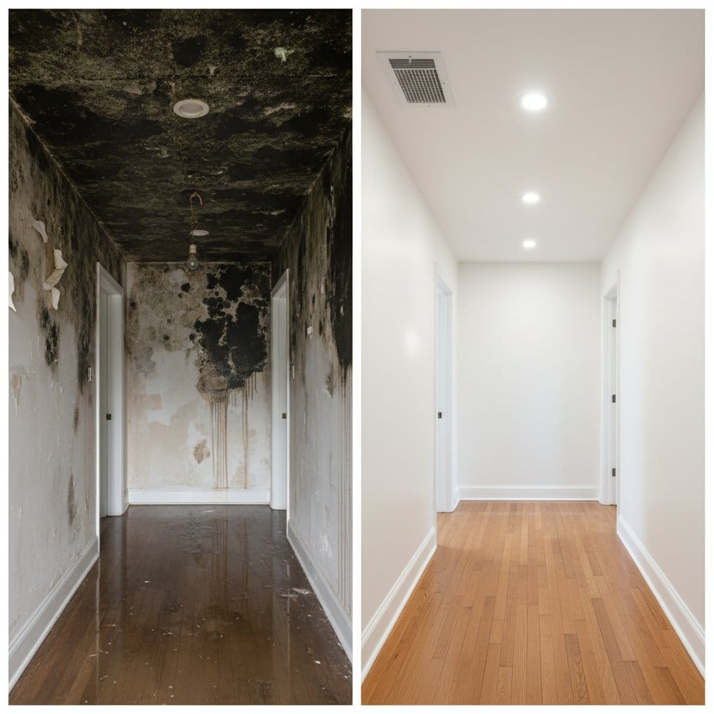 Odor Removal & Disinfection before and after in hallway, Tenafly NJ