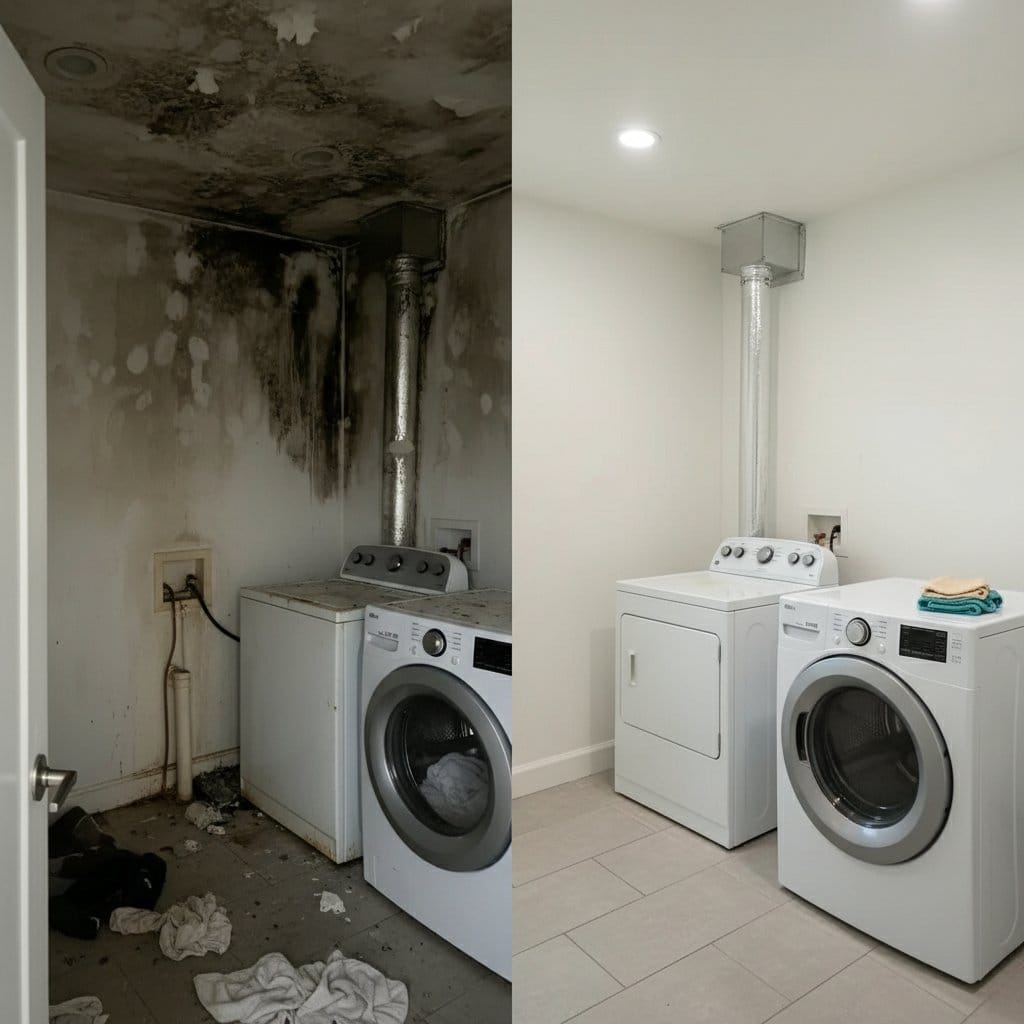 Odor Removal & Disinfection restoration — laundry room of Cape Cod house in Tenafly, NJ