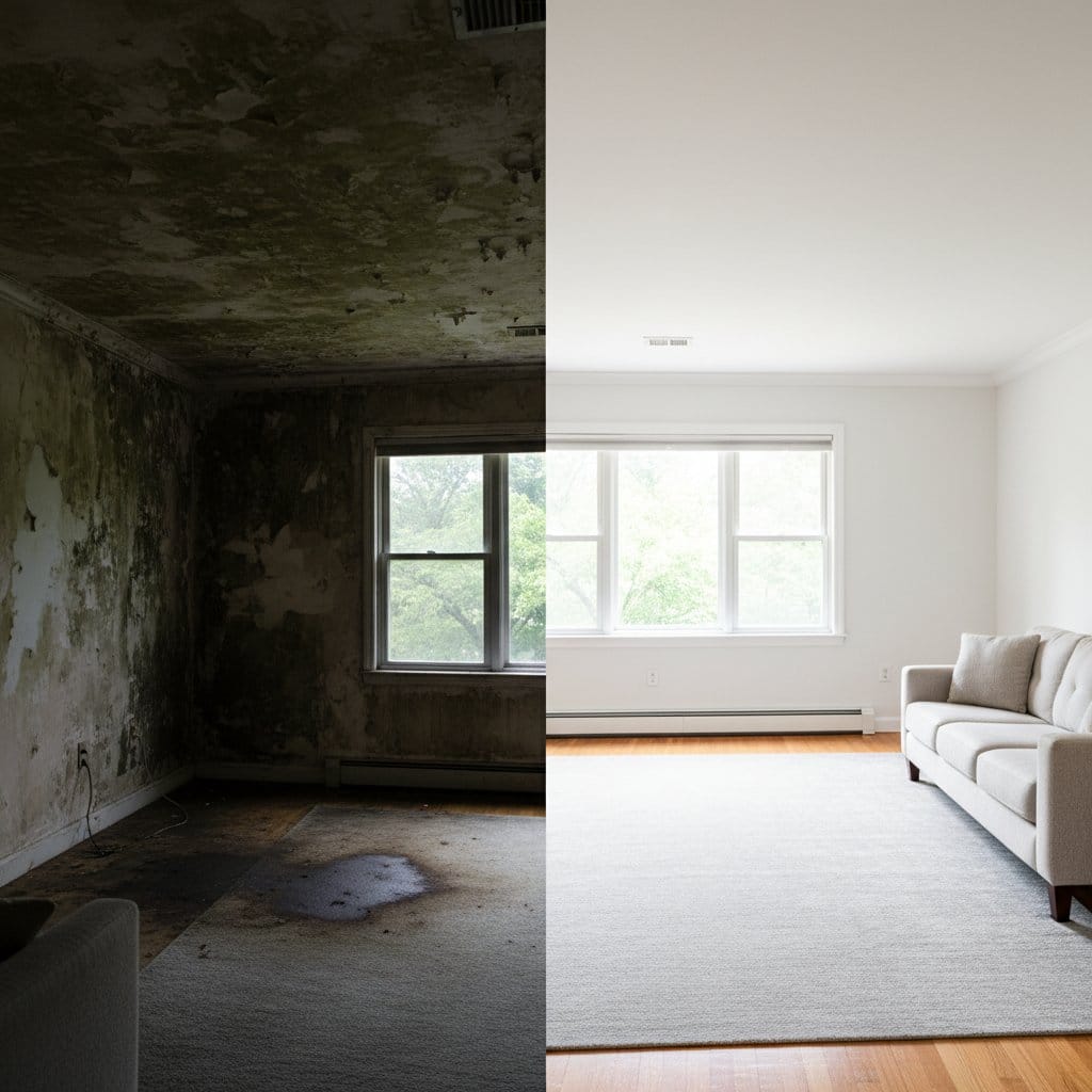 Tenafly Mold Removal living room restoration before and after in Tenafly
